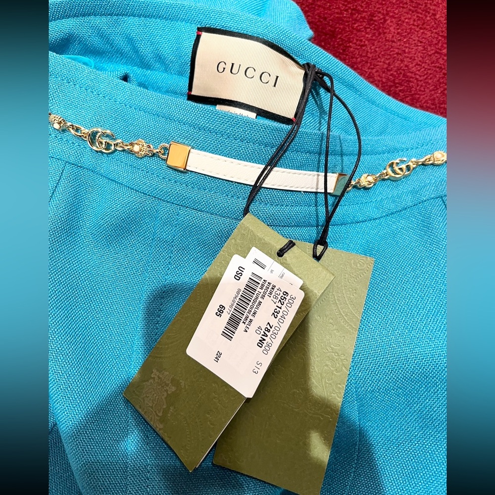 Gucci Turquoise Viscose Linen Pleated Midi Skirt with White Leather Gold GG Belt - Picture 10 of 11